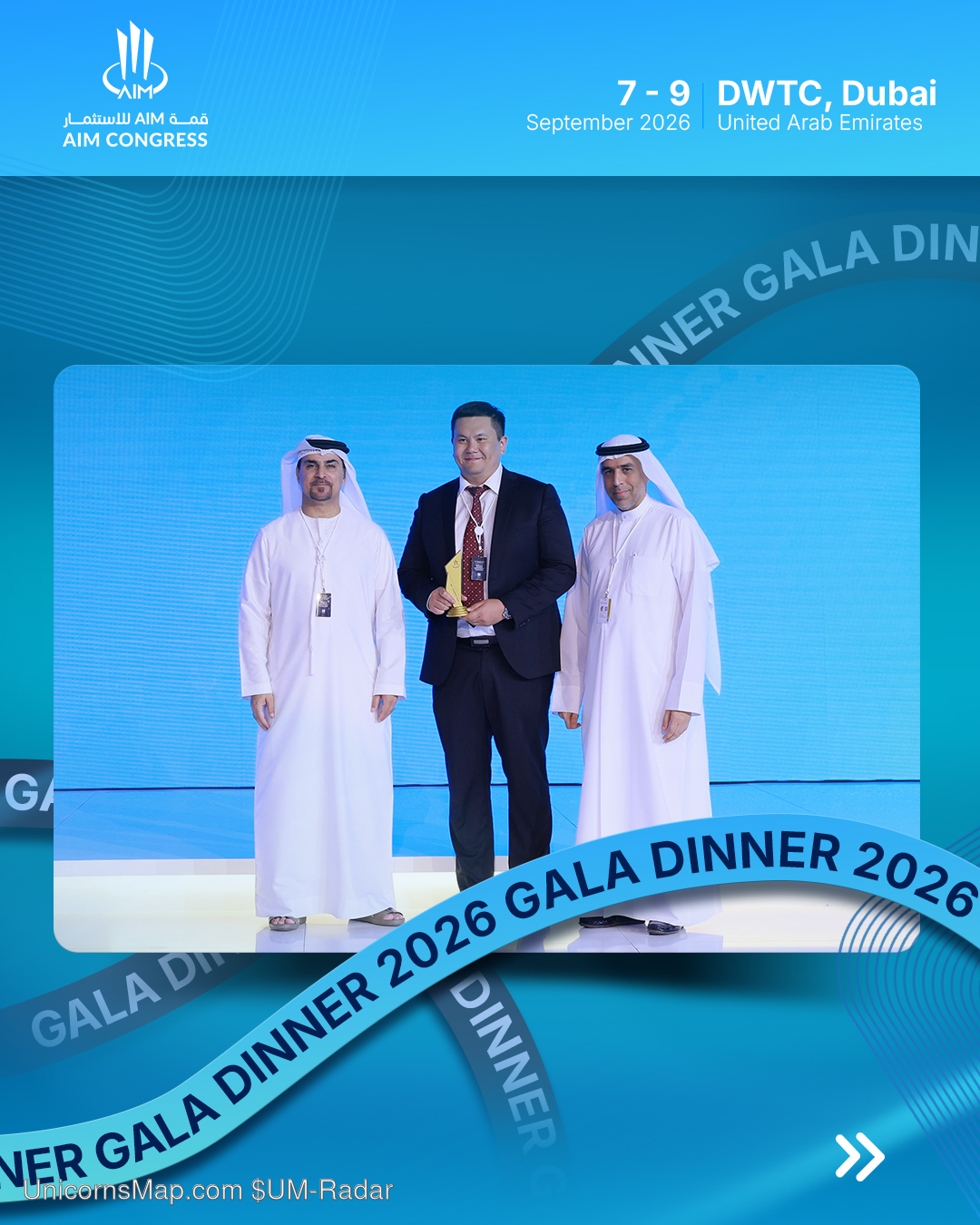 AIM Congress 2026 Dubai — Gala Dinner awards stage, recipient with officials (watermarked $UM-Radar)
