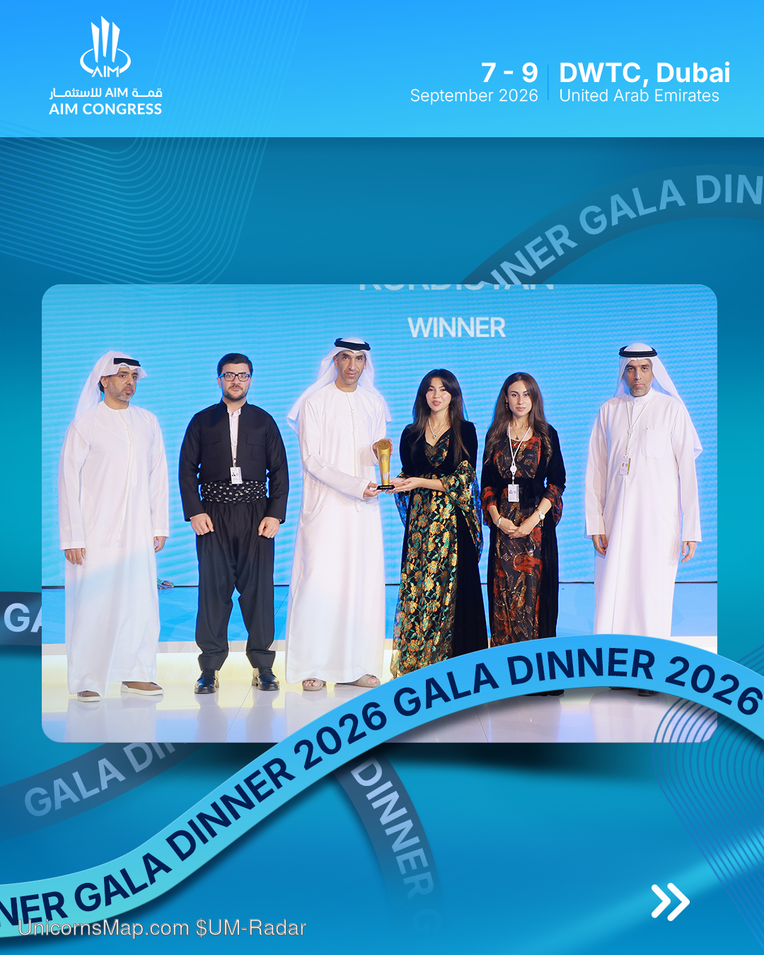 AIM Congress 2026 Dubai — Gala Dinner awards stage, winner group (watermarked $UM-Radar)