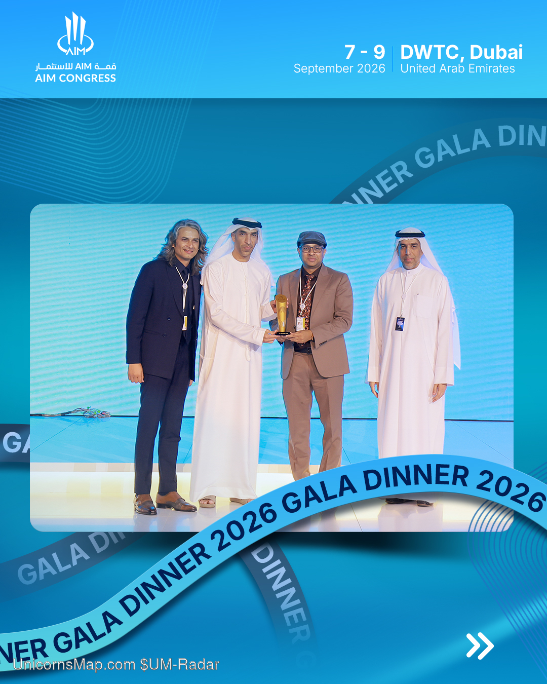 AIM Congress 2026 Dubai — Gala Dinner awards stage, trophy handover (watermarked $UM-Radar)