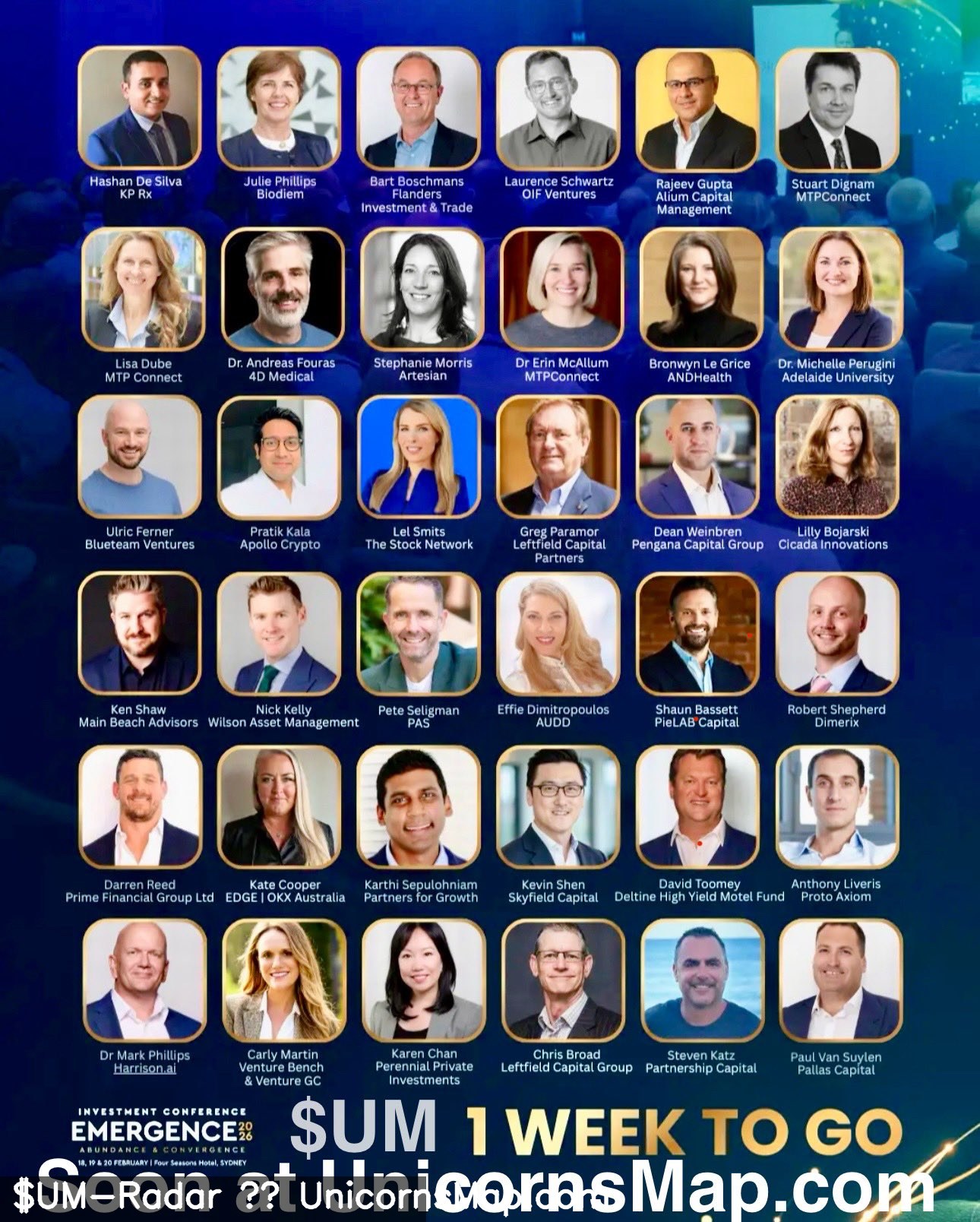 EMERGENCE 2026 Sydney — official speaker grid, watermarked ($UM-Radar)