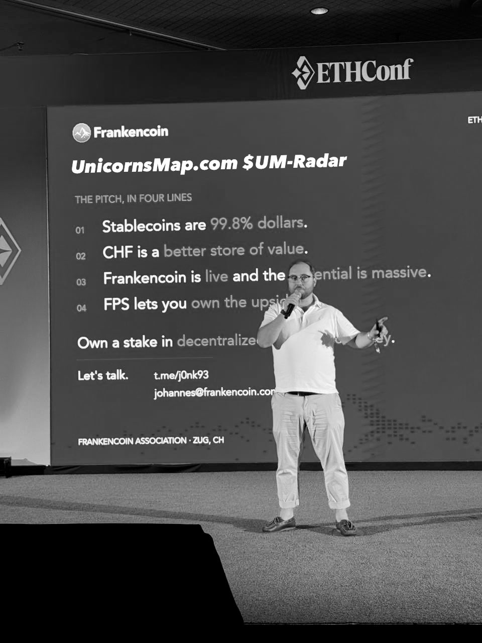 Johannes Kern on ETHConf stage — Frankencoin $ZCHF pitch