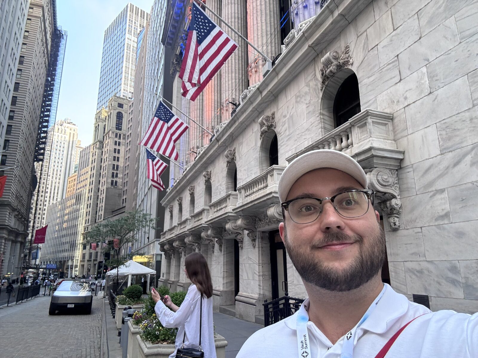 Johannes Kern in front of the New York Stock Exchange during stablecoin summit week