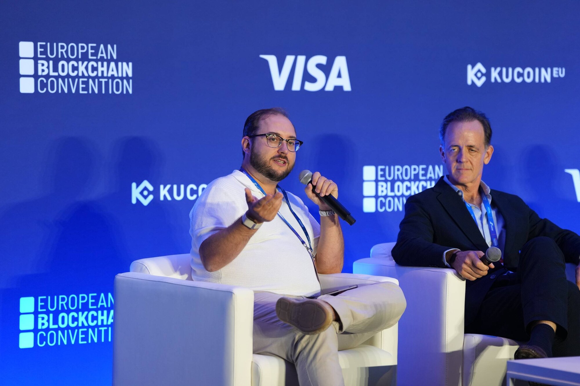 Johannes Kern on the European Blockchain Convention stage, Barcelona, Sept 2026 — official Frankencoin post